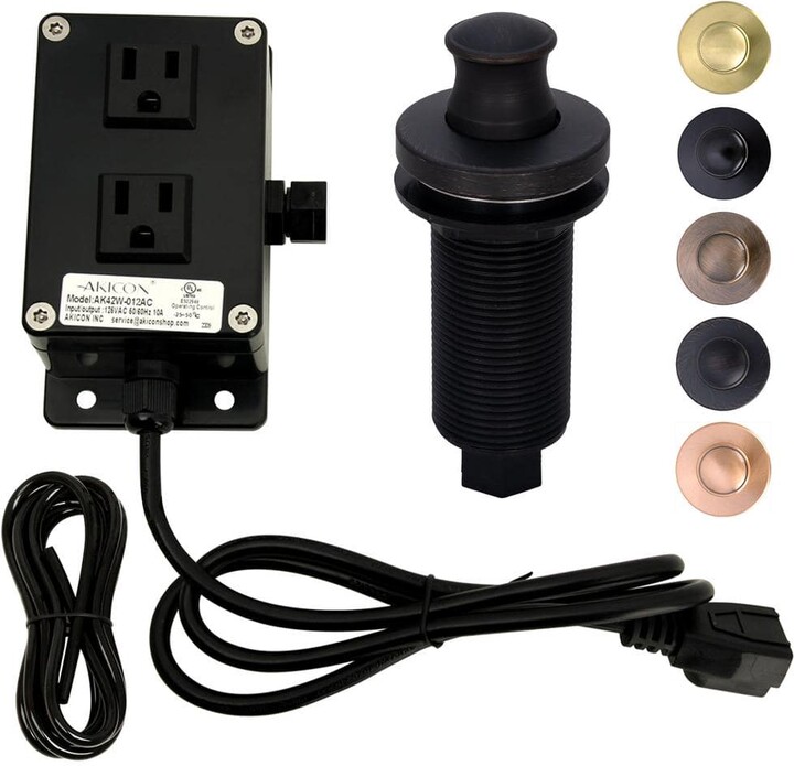 Akicon Garbage Disposal Air Switch Kit, Dual Outlet, Solid Brass Button, Oil Rubbed Bronze Long Button Air Switch - AK79002B