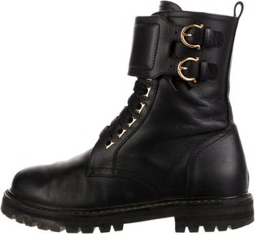 Ferragamo Leather Ankle Combat Boots Black Round-Toes Platform Multistrap & Lace-Up Closure at Uppers Designer