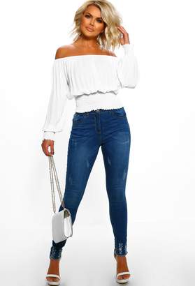 Pink Boutique Sexy Siren White Pleated Long Sleeve Bardot Top