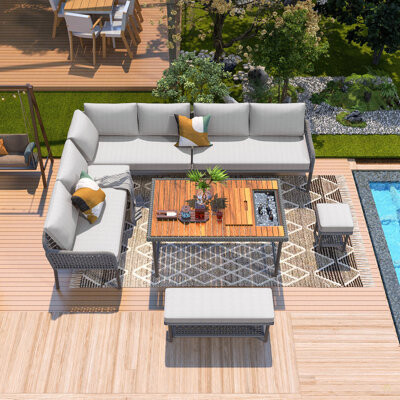 6-Piece Rope Patio Furniture L-Shaped Set, Outdoor Sectional Sofa Set With Acacia Wood Table With Ice Box, Rope Benches, Rope Conversation Set With De