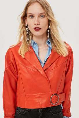Topshop Womens Red Leather Cropped Jacket
