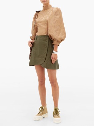 Ganni Wraparound Buttoned Leather Mini Skirt - Khaki