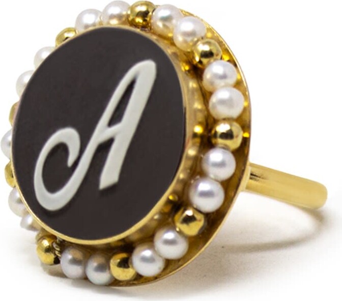 Vintouch Italy Gold / Black Black Initial A Cameo Ring With Pearls Accessories