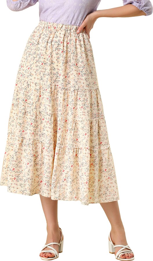 Allegra K Women's Floral Long Skirts Elastic Waist Tiered Ruffle Boho