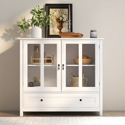 Ebern Designs Buffet Storage Cabinet With Double Glass Doors And Unique Bell Handle