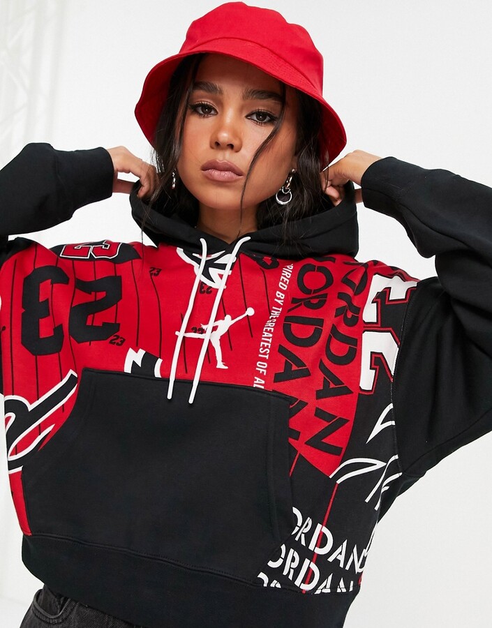Jordan Nike Core Essentials all over print fleece hoodie in black/red -  ShopStyle
