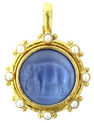 Elizabeth Locke Venetian Glass Intaglio 19K Yellow Gold & 3.5MM Pearl Cerulean Elephant Pendant