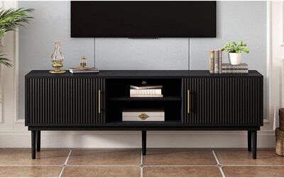 Mercer41 TV Stand With Vertical Striped Doors, Space-Saving Sliding Door Design, Sturdy Solid Wood Legs, Versatile As TV Console Or Side Cabinet