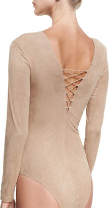 Alexander Wang T By Faux-Suede Long-Sleeve Lace-Up Bodysuit