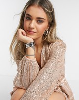 Thumbnail for your product : Style Cheat sequin wrap tie mini dress with balloon sleeve in rose gold