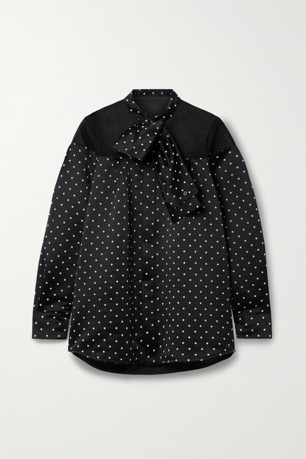 Allegra K Women's Polka Dots Mesh Panel Blouse Semi Sheer Shirt Black  X-Small