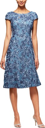 Alex Evenings Women's Tea Length Cap Sleeve Rosette Dress (Petite and Regular)