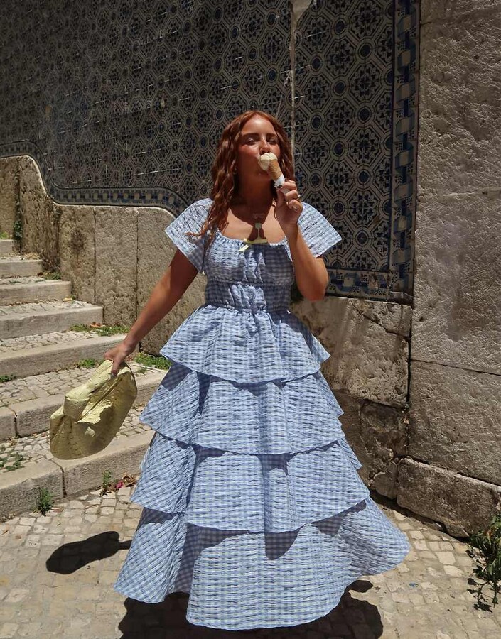 Labelrail x Rebecca Olivia gingham tiered midaxi dress in light blue