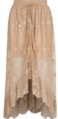 River Island Womens Beige mesh embroidered maxi high-low skirt