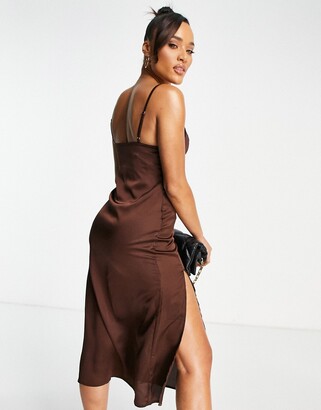 Parisian satin slip dress with split in chocolate brown