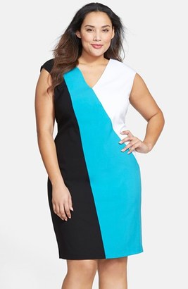 Calvin Klein Colorblock V-Neck Sheath Dress (Plus Size)