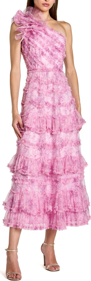 Mac Duggal Printed One Shoulder Ruffled A Line Midi Dress