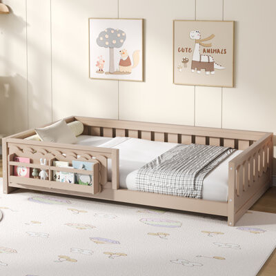 Wood Platform Bed with Guardrail & Storage Shelves – Space-Saving Kids Bed