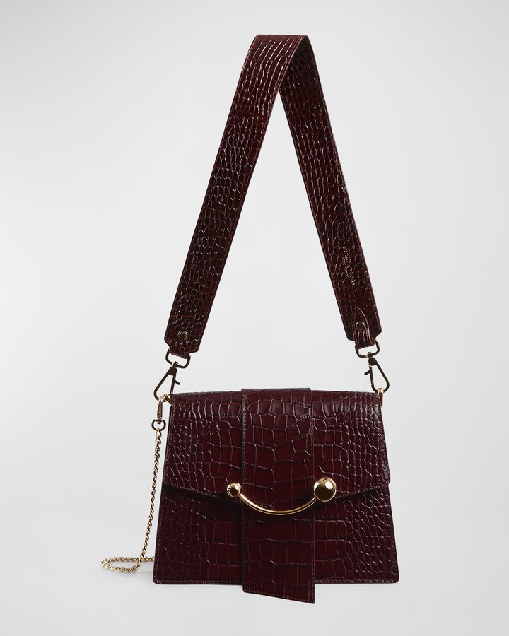 Strathberry Midi Croc Embossed Leather Tote in Burgundy