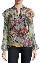 Thumbnail for your product : Burberry Hazel Long-Sleeve Floral-Print Frill Blouse, Black