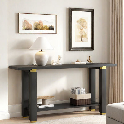 Mercer41 Minimalist Console Table With Geometric Metal Accents And Bottom Storage Shelf