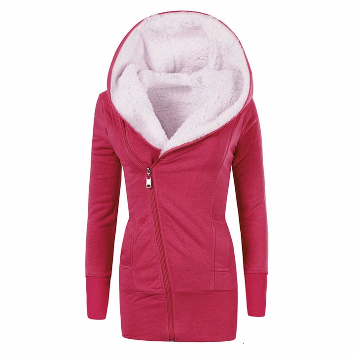 Ladies Plain Hoodie Winter Warm Fleece Lined Zip Up Jacket Coat for Women 