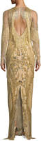 Thumbnail for your product : Pamella Roland V-Neck Long-Sleeve Beaded Fringe Evening Gown