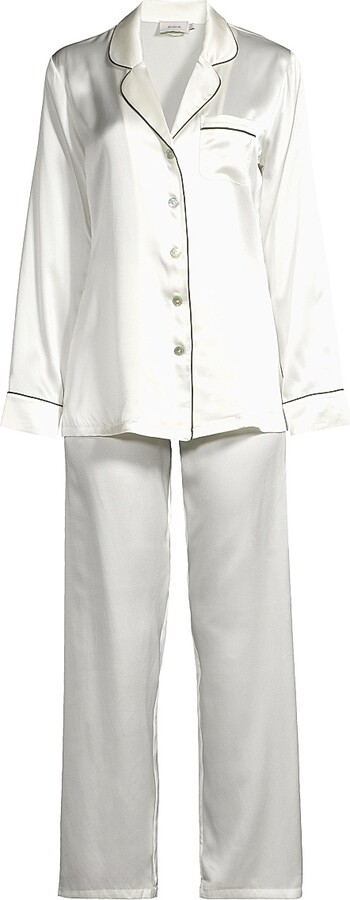 Women's Fine Finishes Silk 2-Piece Pajama Set - Creme Black Piping - Size XL