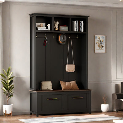 Versatile 4-in-1 Hall Tree With Coat Rack & 6 Golden Hooks, Wood Grain Bench, 2 Drawers And Metal Handles