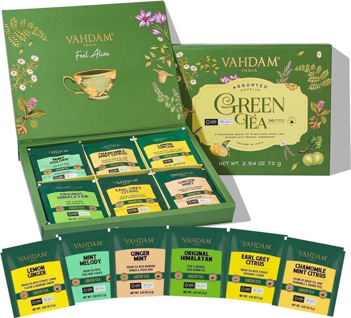 VAHDAM Green Tea Sampler Gift Set (6 Flavors, 36 Tea Bags)