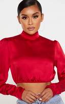 Thumbnail for your product : PrettyLittleThing Scarlet Satin Ruched Cuff Cropped Blouse