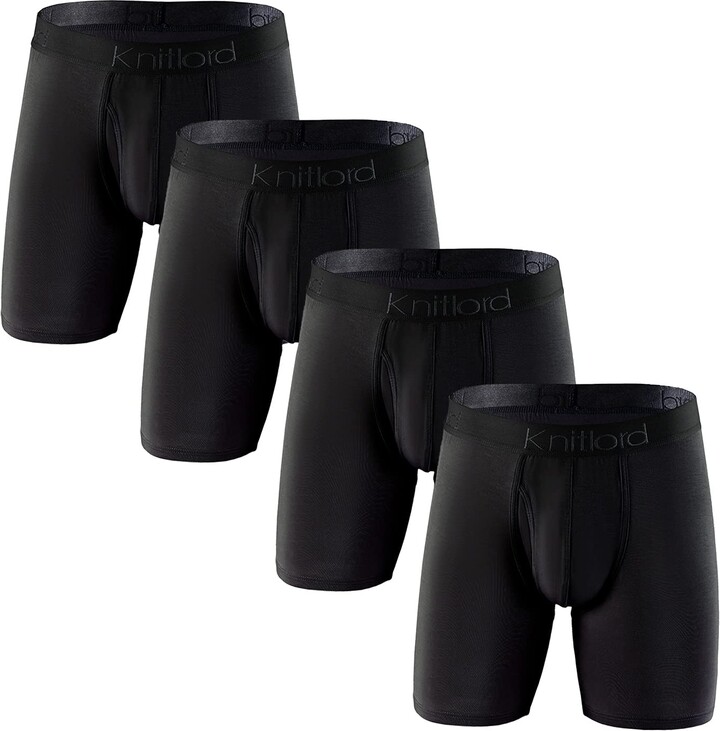 KNITLORD Mens Underwear Stretchy Soft Bamboo Boxers Long Leg Mens Boxers  with Fly 4 Pack (Black L) - ShopStyle
