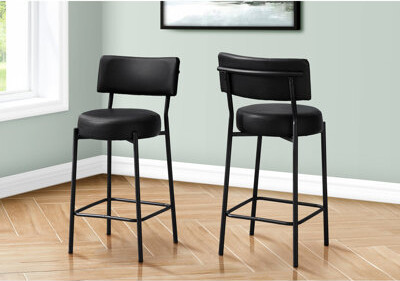 Latitude Run Counter Height Pair For Kitchen Use In Black Leather Look Finish, Modern Contemporary Design, Curved With Padding, Thick Round Cushioned Foam Seat, Sl