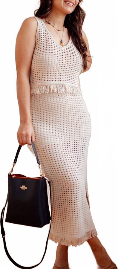 MIOU MUSE Festival Crochet High-Rise Midi Skirt In Tan