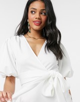Thumbnail for your product : Laced In Love wrap pencil dress with puff sleeve in white