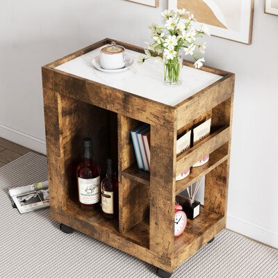 Millwood Pines Brown Movable Shelving Unit For Living Area: Mid-century Modern With Convenient Handles And Large Capacity Home Storage: Trolley Cabinet Functional Am