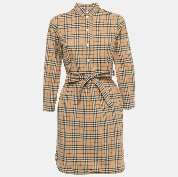 Pre-Owned Burberry Women's Beige Check Print Cotton Shirt Dress