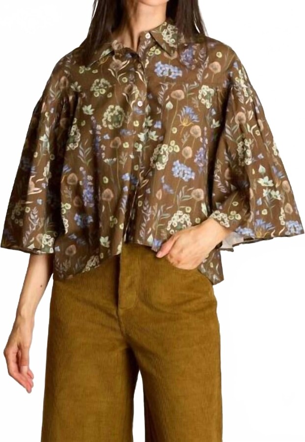 Before You Collection Print Poplin Flowy Sleeve Blouse In Brown