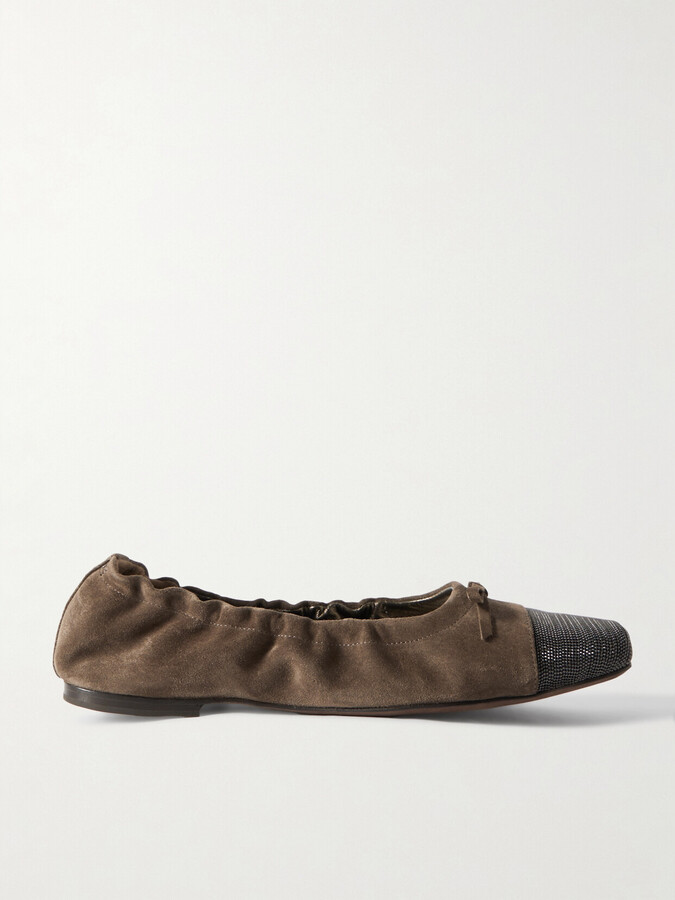 Brunello Cucinelli Bead-embellished Suede Ballet Flats - Brown