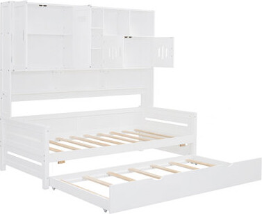 Latitude Run Full Size Wooden Daybed With Twin Size Trundle And All-In-One Cabinet And Shelf Gray