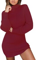 Thumbnail for your product : Lrwey Women LRWEY Red Olives New Womens High Polo Neck Chunky Cable Knitted Jumper Mini Tunic Dress Tops Women Turtleneck Cable Knit Sweater Dress Long Sleeve Slim Pullover