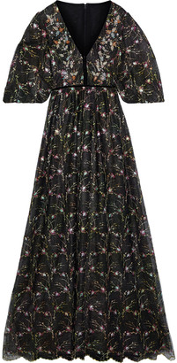 Costarellos Noleen Velvet-trimmed Embellished Metallic Tulle Gown