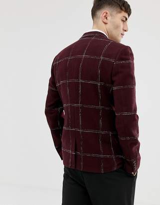 ASOS Design Slim Double Breasted Blazer In Moons Wool Rich Burgundy Check