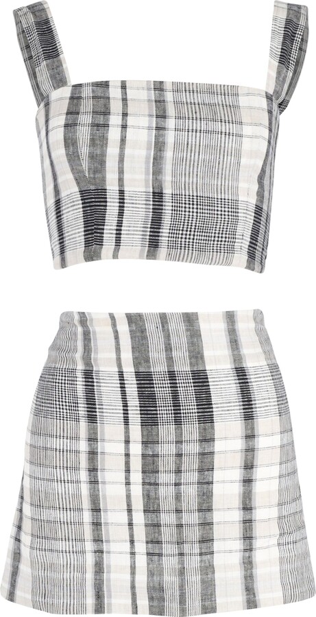 Reformation Plaid Top and Mini Skirt Set in Grey Linen