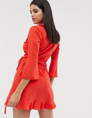 Outrageous Fortune Tall ruffle wrap dress with fluted sleeve in red