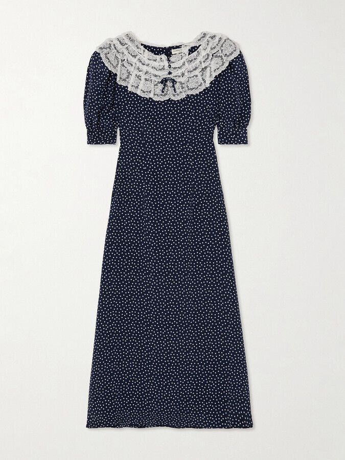 Alessandra Rich Lace-trimmed Polka-dot Silk Crepe De Chine Midi Dress - Blue