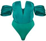 Thumbnail for your product : PrettyLittleThing Green Satin Deep Plunge V Wire Bardot Bodysuit