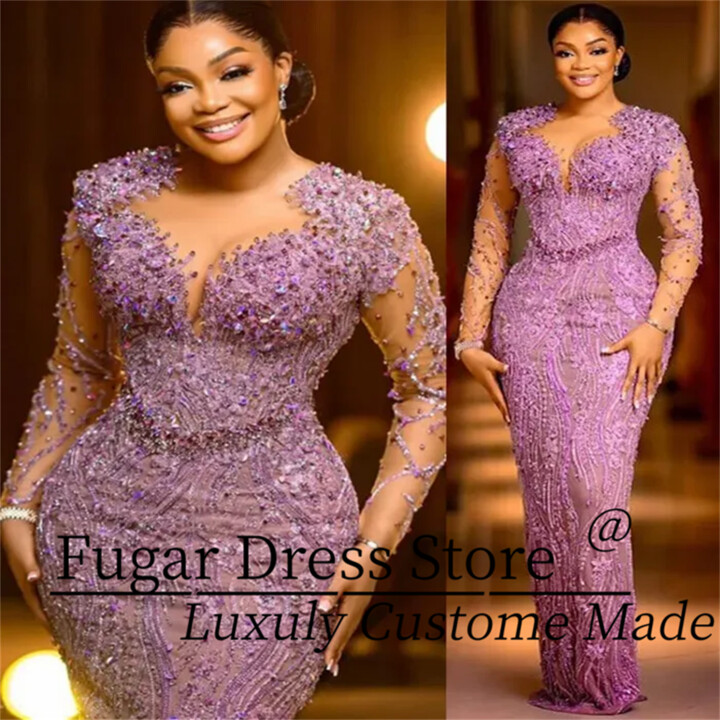 ZHUOFU Fashion Lilac Sheath Prom Dress Beaded Lace Sexy Evening Formal Party Birthday Engagement Gowns Dresses Robe De Soiree