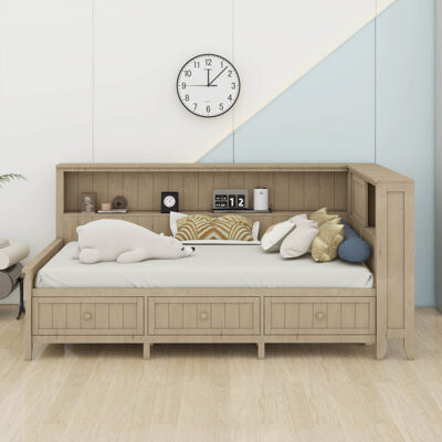 Twin Size Daybed With Bookcase Headboard And Drawers, Wooden Platform Bed Frame With Storage Shelves