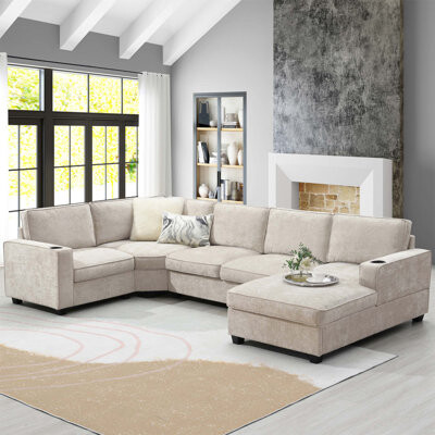 Latitude Run 119-Inch U-Shaped Sectional Sofa With Chenille Fabric, Cup Holders, And Irregular Corner Design For Maximum Comfort And Style